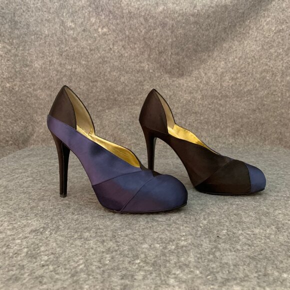 Bruno Frisoni Paris Women’s Blue and Black Satin Heel Leather Sole Pump Shoes - Picture 5 of 11